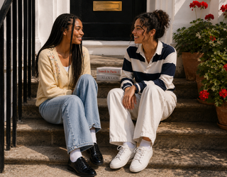 girls on doorstep discussing fashion
