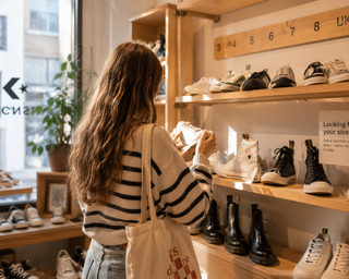 A girl that needs bigger size looking at shoes