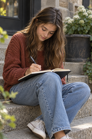 A girl sitting on a step journaling. self-esteem and teenage girls  what the research says